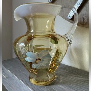 Fenton Art Glass Hand Painted Blue Daisy Silken Sand Opalescent Pitcher Signed